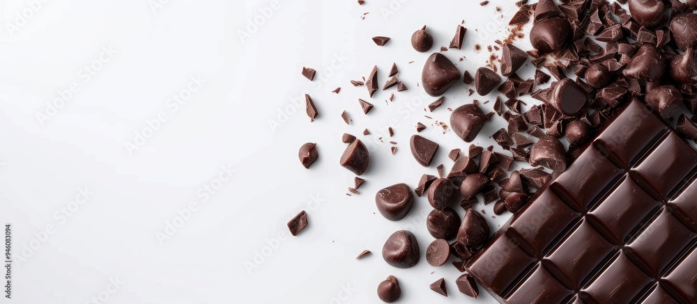 Poster dark chocolate covered zefir displayed on a white background. copy space image. place for adding tex
