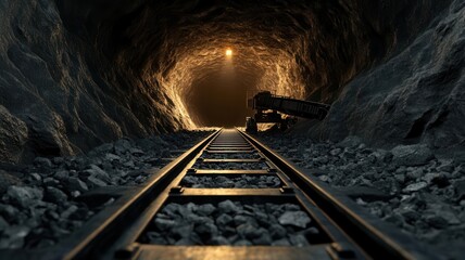 Naklejka premium A perspective view of a dimly lit mine tunnel with railway tracks leading into the distance, creating an eerie and mysterious atmosphere.