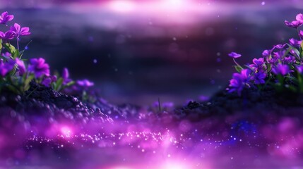 A dreamy landscape featuring vibrant purple flowers against a soft, mystical backdrop, ideal for enchanting design projects.
