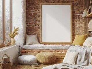 Cozy and inviting farmhouse style living room with a simple wooden frame mockup an accent brick wall and natural fiber elements for a warm neutral and minimalist aesthetic
