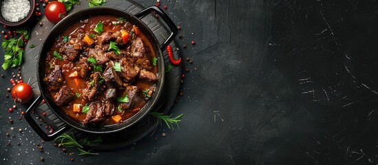 Feijoada a staple of Brazilian culinary tradition A tasty dish of feijoada accompanied by crackling. Copy space image. Place for adding text and design