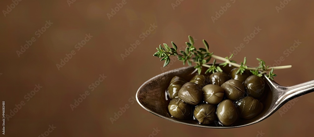 Wall mural large pickled capers with thyme on a spoon against a brown background copyspace