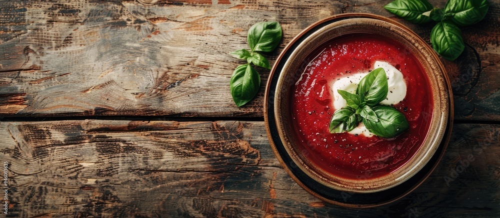 Aufkleber fresh tasty beetroot soup topped with cream and basil on a brown wooden surface cooking idea. copy s