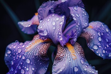 Close up vertical macro photo of beautiful purple iris flower with water drops on petals against black blurred background Limited depth of field