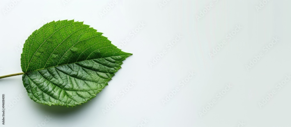 Poster green leaf set against a white background. copy space image. place for adding text and design
