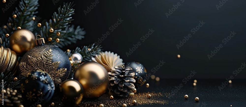 Poster new year s decorations against a black background. copy space image. place for adding text and desig