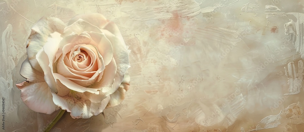 Poster textured aged paper background featuring a pale pink rose. copy space image. place for adding text a