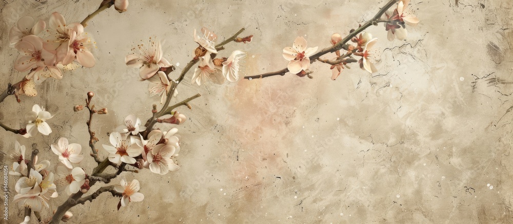 Aufkleber textured vintage paper background featuring almond tree blossoms. copy space image. place for adding