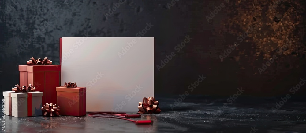 Poster lovely christmas presents and a blank card on a dark backdrop. copy space image. place for adding te
