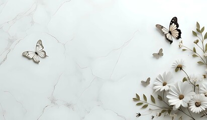 marble background with flower designs and butterfly silhouette, wall decoration in White tones