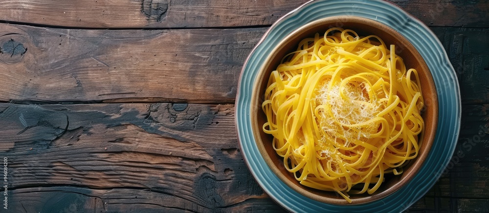 Aufkleber pasta spaghetti plate macaroni semolina durum wheat portion size top view space for text. copy space
