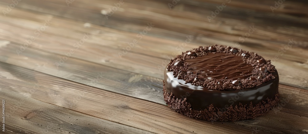 Poster delicious chocolate cake on a wooden surface. copy space image. place for adding text and design