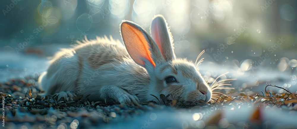 Poster the white rabbit with ears looked up while lying on the ground. copy space image. place for adding t