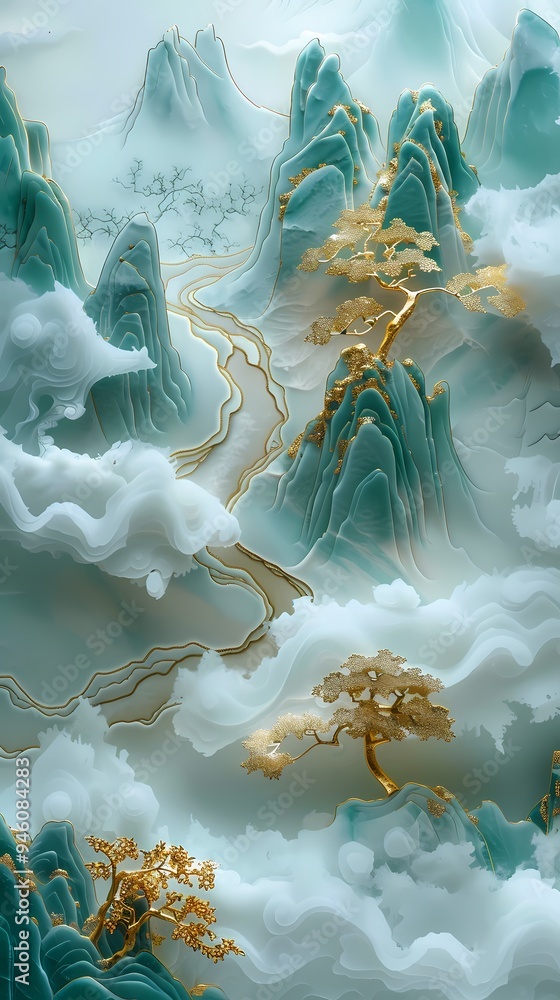 Wall mural gold inlaid jade carving mountains abstract art poster background