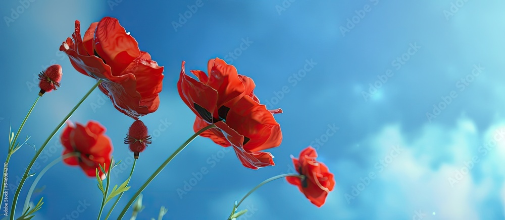 Poster red poppies against a blue sky backdrop. copy space image. place for adding text and design