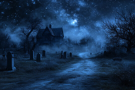 The Halloween background showcases a creepy, desolate landscape under a starless night sky. A haunted house sits ominously in the distance, surrounded by jagged tombstones and withered trees. The