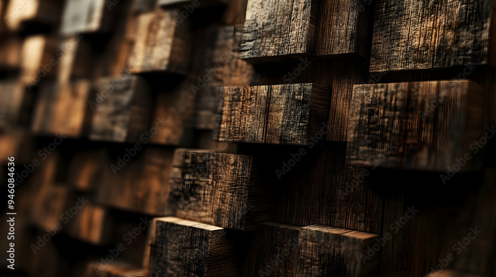 Poster closeup of rustic wood blocks stacked in a geometric pattern.