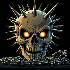 Fototapeta premium Stylized skull with spikes on top, set against a dark background. The skull is surrounded by a chain, suggesting it might be a symbol of danger or evil.