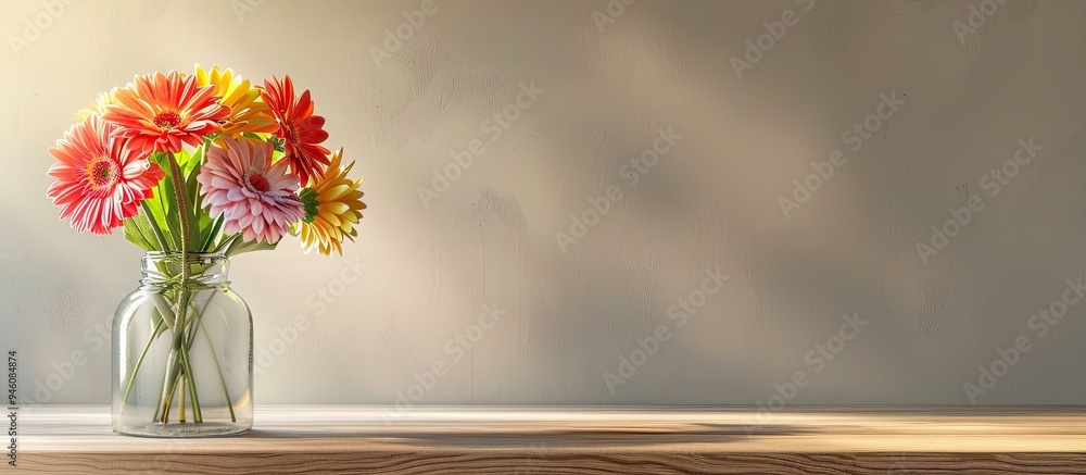 Wall mural A lovely bouquet of flowers in a glass vase placed on a wooden table Gerberas. Copy space image. Place for adding text and design