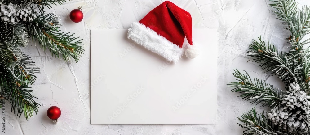 Poster mockup poster frame for a christmas message blank square canvas featuring a santa hat top view chris