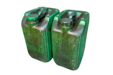 Motor oil canisters isolated on white transparent. Two used dirty green plastic cans for fuel storage