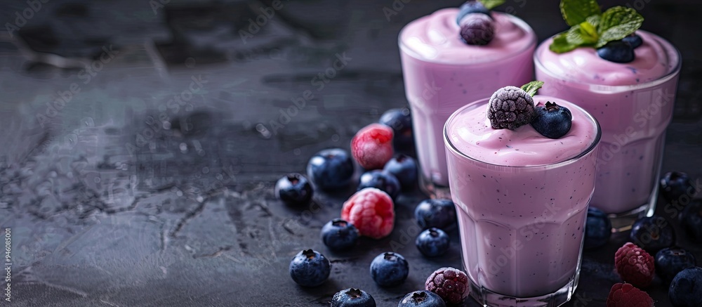 Aufkleber three glasses of blueberry yogurt each with blueberries arranged in a row on a dark stone surface fr