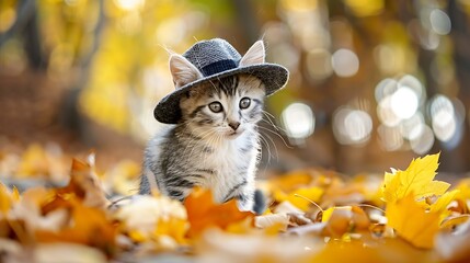 Kitten in a hat, sitting in a park with yellow autumn leaves.