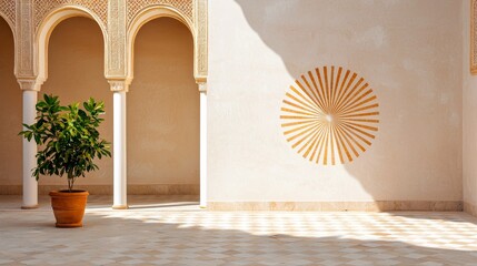 A traditional Mediterranean courtyard with a vibrant tile mural on the wall, depicting a sunburst pattern in warm, earthy tones