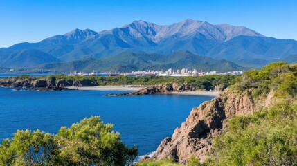 rocky coastline showcases vibrant textures against a backdrop of distant green peaks and a tranquil blue sea, creating a serene coastal atmosphere