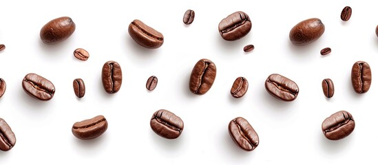 Roasted brown coffee beans and seeds set against a white background. Copy space image. Place for adding text and design