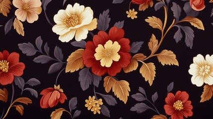 A Victorian-inspired wallpaper with intricate floral patterns and rich, jewel-toned colors