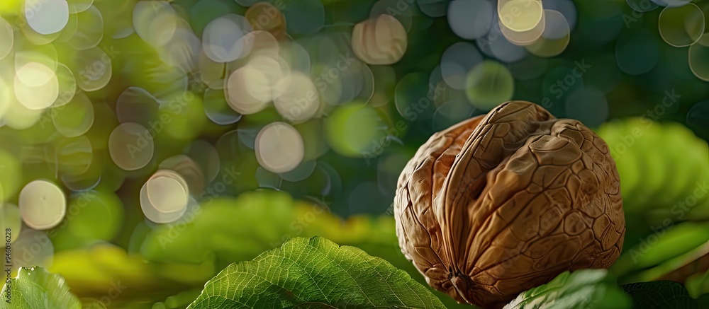 Poster close up of a walnut rich in nutrients a source of protein and very healthy green background. copy s
