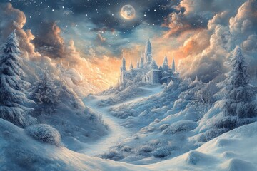 Mystical castle under a winter moonlit sky