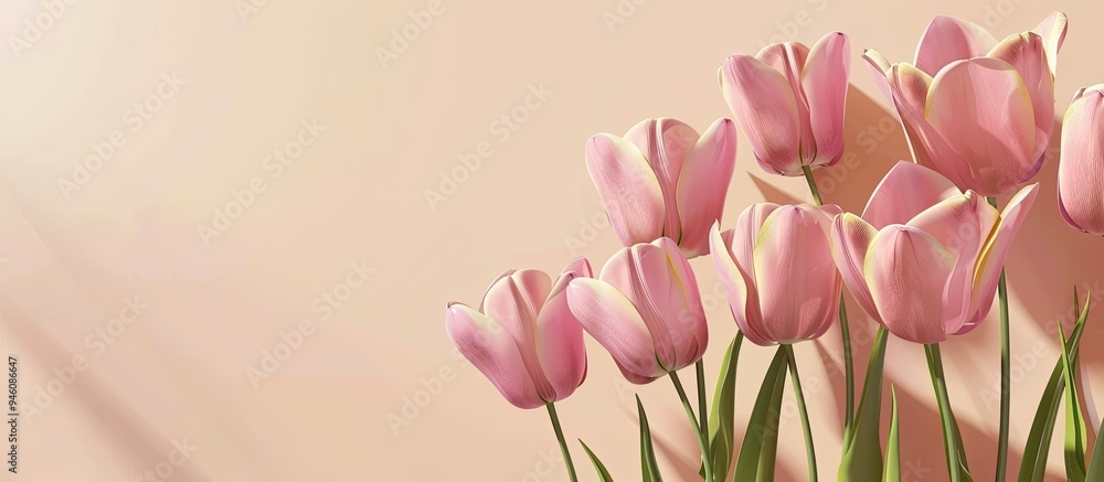 Poster top view of pink tulips against a pastel background. copy space image. place for adding text and des