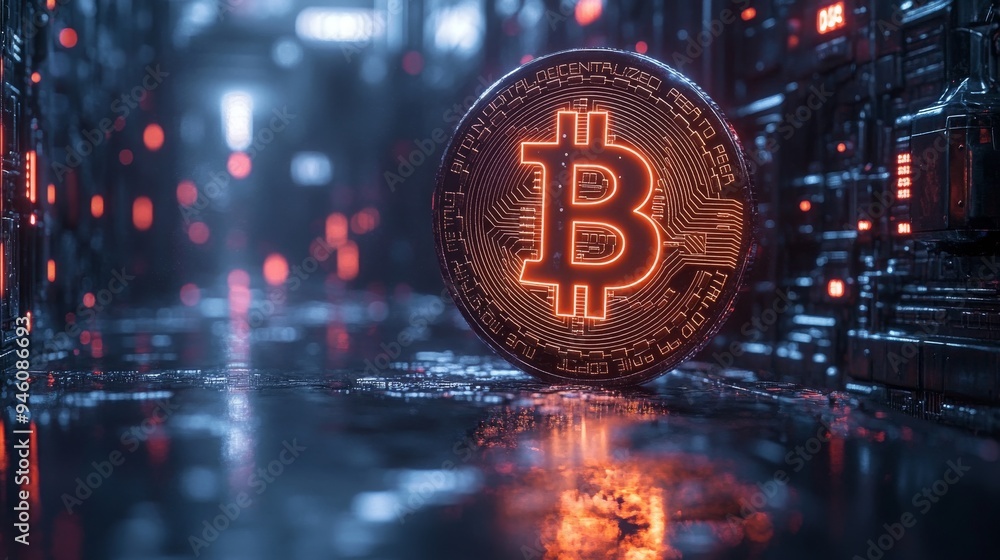 Poster a holographic representation of a digital currency symbol rotates in a dark, high-tech environment, 