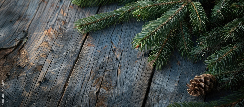 Poster christmas decoration featuring a fir branch on a weathered wooden background. copy space image. plac
