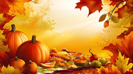 Outdoor Picnic: A family enjoying a Thanksgiving picnic in a park, with a blanket spread out and a variety of foods. The autumn foliage creates a picturesque background. Copy space in the sky 