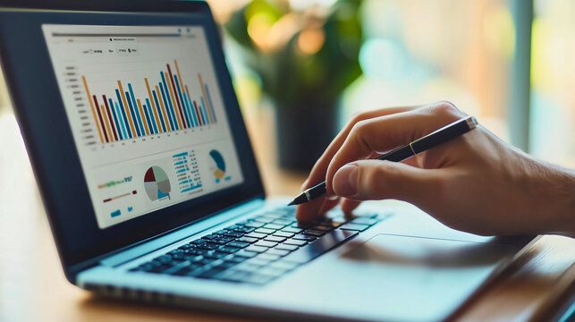Young businessman in wearing elegant suit, sitting in office, and looking at graphs, corporate analytics on a laptop . Male employee working, job workplace 