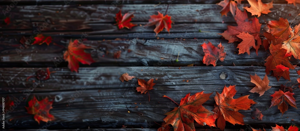 Poster vibrant maple leaves on the rustic wooden table. copy space image. place for adding text and design