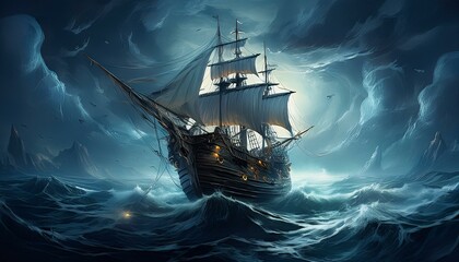 Ghost pirate ship on the high seas, Digital illustration, Generative AI