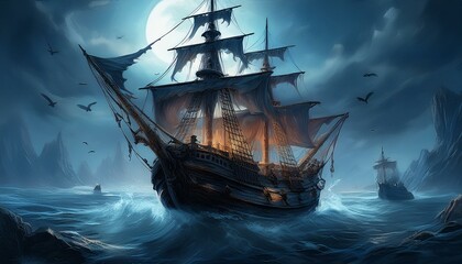 Ghost pirate ship on the high seas, Digital illustration, Generative AI