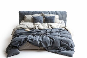 Cozy gray bed with white linens