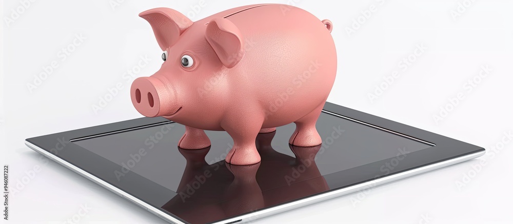 Poster piggy bank on a tablet isolated against a white background. copy space image. place for adding text 