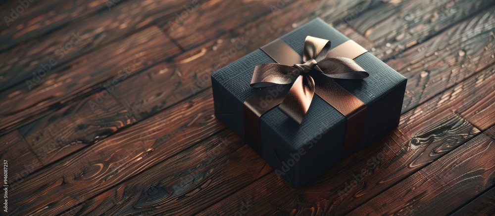 Poster sophisticated gift box with a ribbon on a wooden surface. copy space image. place for adding text an