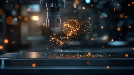 A high-tech machinery scene showcasing precision manufacturing with glowing particles.