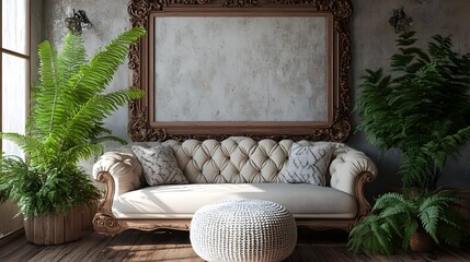 Cozy and Inviting Farmhouse Style Living Room with Ornate Wooden Frame Tufted Sofa Knit Pouf and Potted Ferns   Digital 3D Rendering