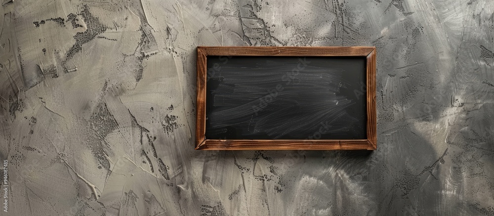 Poster small blackboard with a wooden frame set against a concrete background viewed from above clear chalk
