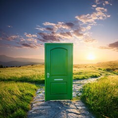 Green door on the plain with grass, stone path and isolated door in green meadow at sunset, Generative AI