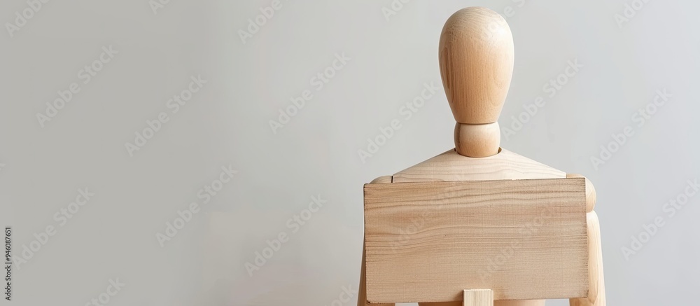Poster wooden mannequin with empty placard on a light background. copy space image. place for adding text a