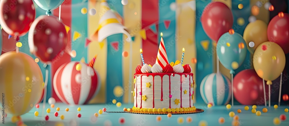 Poster carnival birthday party backdrop featuring a cake and party hats. copy space image. place for adding